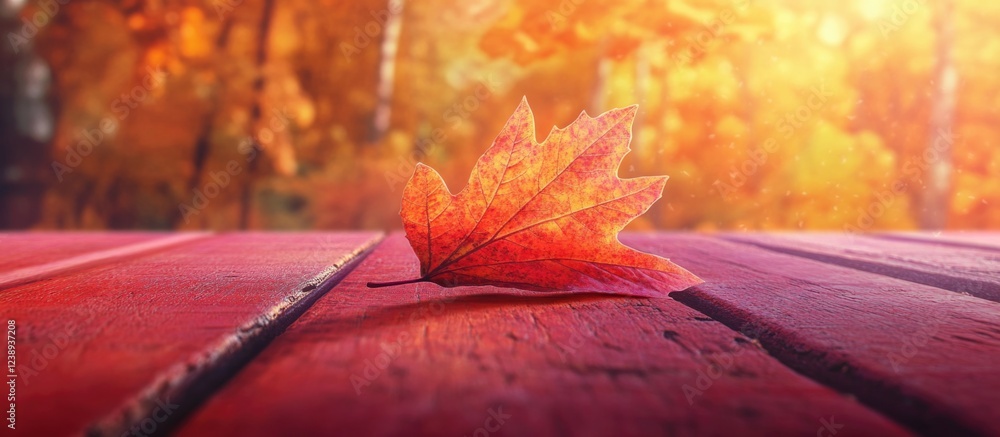 Poster close-up of a vibrant red maple leaf on a weathered wooden table in a sunlit autumn forest setting w