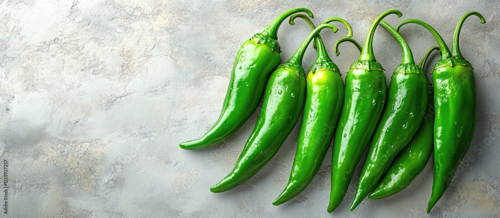 Poster fresh whole green jalapeã±o peppers arranged on a textured surface with copy space for food related 