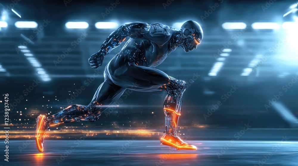 Aufkleber futuristic robot runner speeds through a stadium. high tech and dynamic