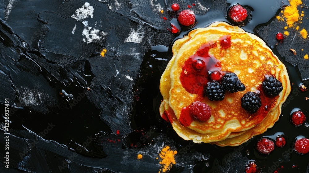 Poster pancakes with mixed berries and syrup on a dark textured background copy space