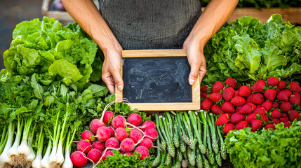 A vendor displays an assortment of fresh vegetables and strawberries at a farmers market, holding a blank chalkboard for prices