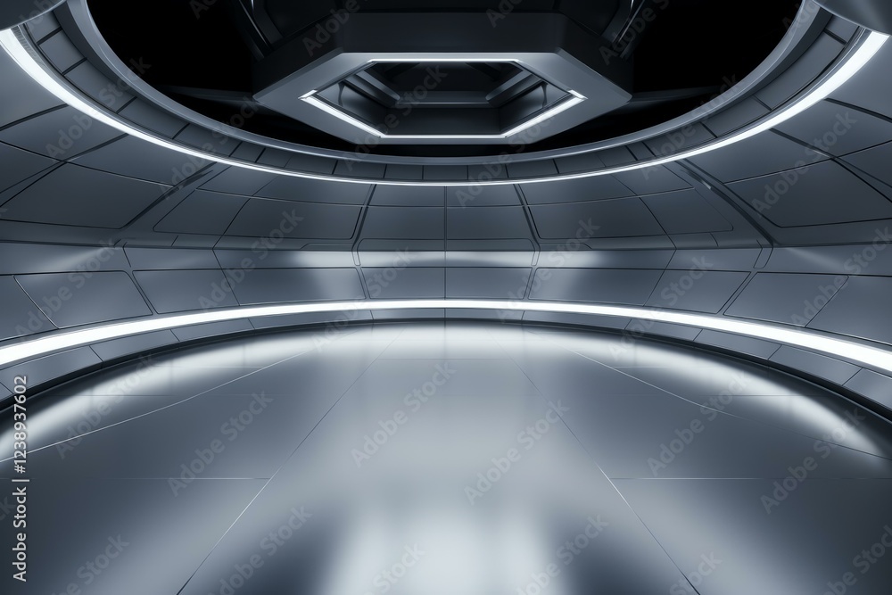 Poster empty metallic room with luminous circular lines and hexagonal ceiling detail, creating a futuristic