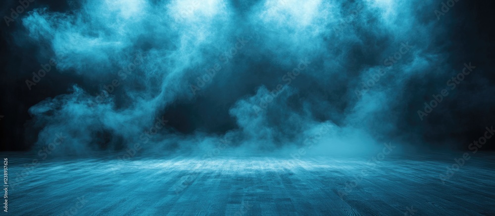 Poster blue smoke fog over dark background with illuminated floor and copy space for text. abstract atmosph