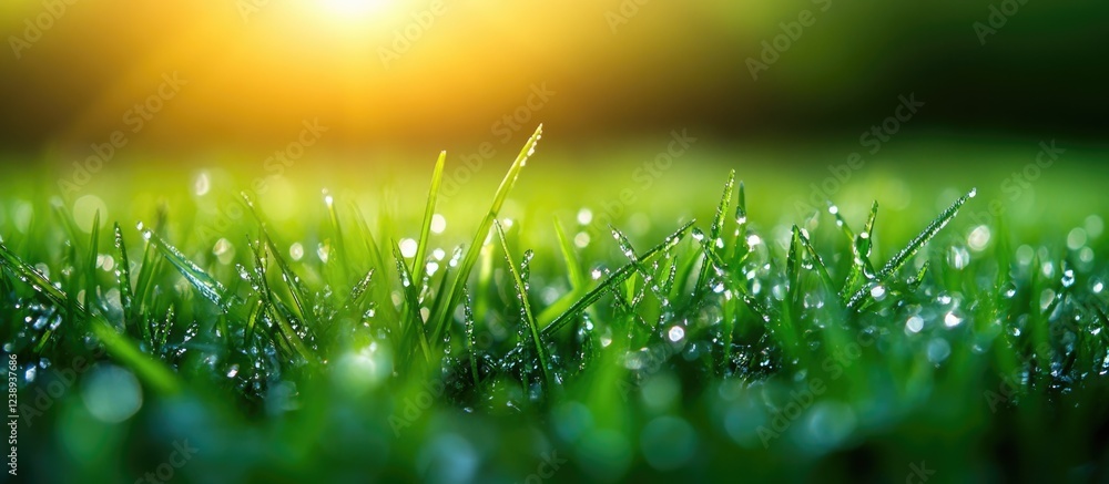 Poster close up view of dew covered grass blades in the early morning light with soft bokeh background and 
