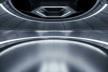 Empty metallic room with luminous circular lines and hexagonal ceiling detail, creating a futuristic and sci fi atmosphere