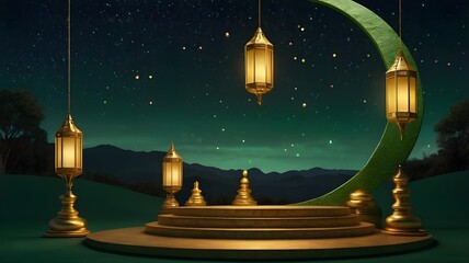 Green and Gold Circular Display Stage Ramadan Podium Background