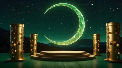 Green and Gold Circular Ramadan Podium Background