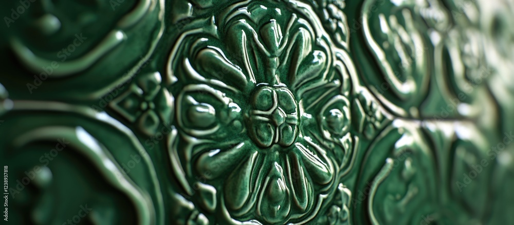 Poster green decorative tiles with intricate patterns and glossy finish for interior design background copy