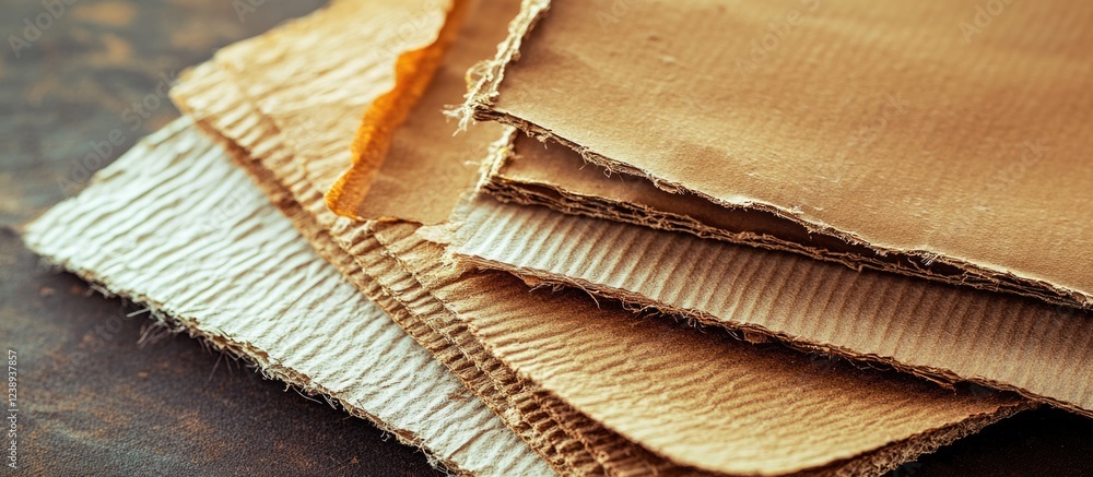 Poster assorted textured paper sheets in neutral tones stacked on a wooden surface with visible fibers and 