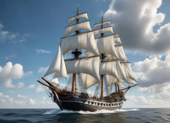 Large sailing ship with three masts and billowing white sails, ocean, three masts, wooden deck