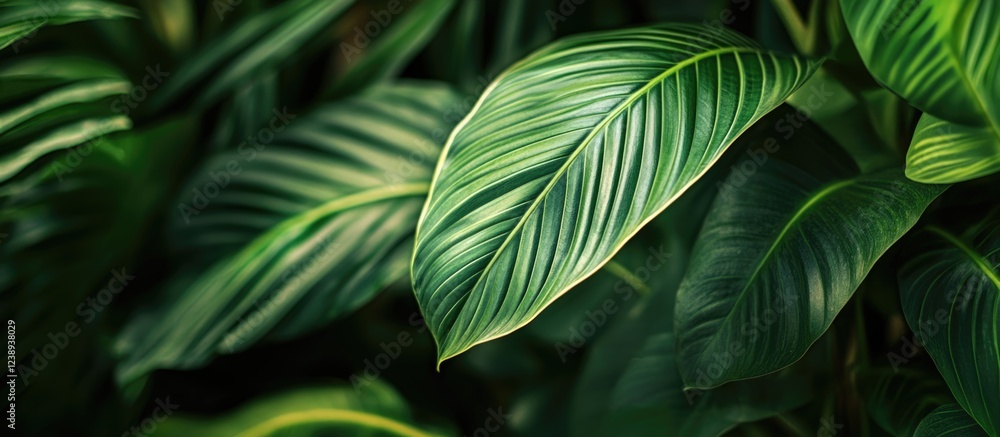 Poster close-up of lush green leaves with intricate textures and patterns suitable for natural backgrounds 