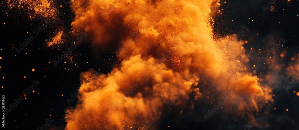 Poster orange dust cloud with particles on a black background suitable for creating visual effects and text