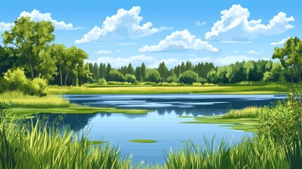 Summer Lake Landscape with Lush Green Vegetation