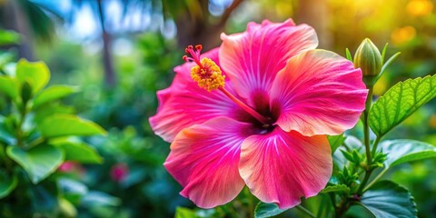 Fototapeta premium Large vibrant hibiscus flower with bright pink petals and golden center in a tropical garden, outdoor, floral, blossom, scenery, colorful