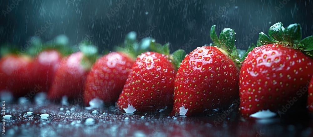 Aufkleber fresh ripe strawberries lined up with water droplets on a dark surface during rain with copy space f
