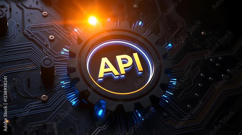 Poster api symbol embedded within a futuristic, glowing blue gear, connected to a complex circuit board