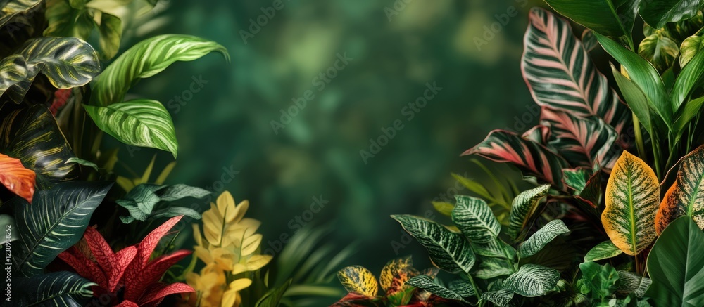 Poster vibrant tropical foliage and green background with diverse leaves creating natural frame for text or