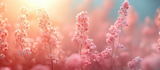 Naklejka premium Pink wildflower field with soft focus and warm background light suitable for nature themes and outdoor concepts Copy Space