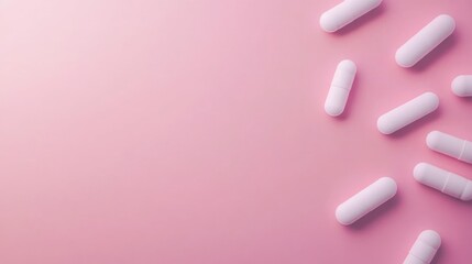 White capsules on a soft pink background with ample space for text Copy Space