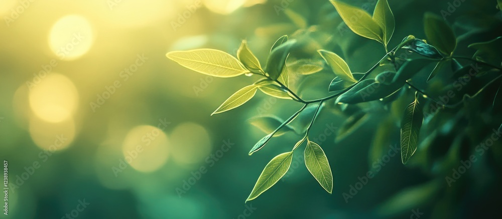 Poster close-up of green leaves with soft sunlight background and bokeh effect suitable for nature themes a