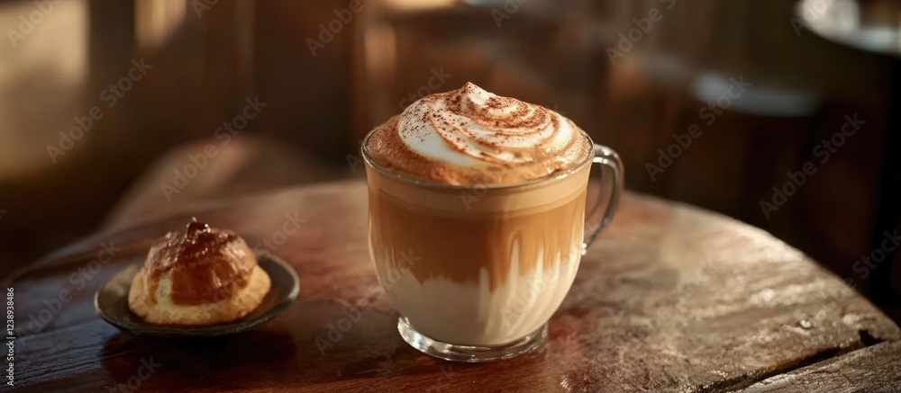 Poster coffee latte with frothy milk topping and a pastry on a wooden table with warm lighting and soft foc