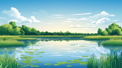 Fototapeta premium Serene Summer Lake Landscape with Lush Greenery