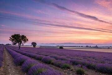 Lavender sunsets with purple hues and horizontal stripes in the sky, landscape, atmospheric, lavender