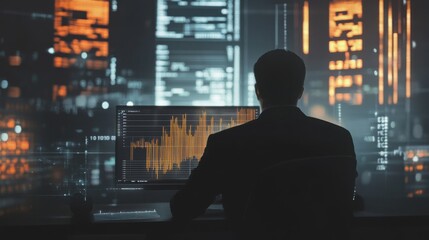 Fototapeta premium Bearded man trader wearing eyeglasses sitting at desk at office monitoring stock market looking at monitors analyzing candle bar price flow touching chin concerned trading concept close-up