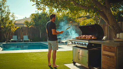A man stands by a grill in a backyard, cooking sausages while enjoying a sunny day by the swimming pool