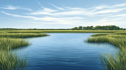 Fototapeta premium Serene River Landscape Under a Blue Summer Sky