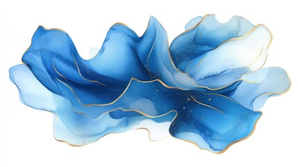 Abstract blue and gold watercolor painting with flowing shapes and gold lines.