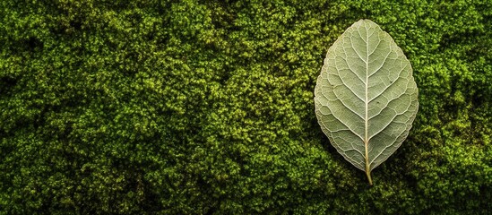 Close-up of a single green leaf on a textured moss background with ample copy space for text insertion