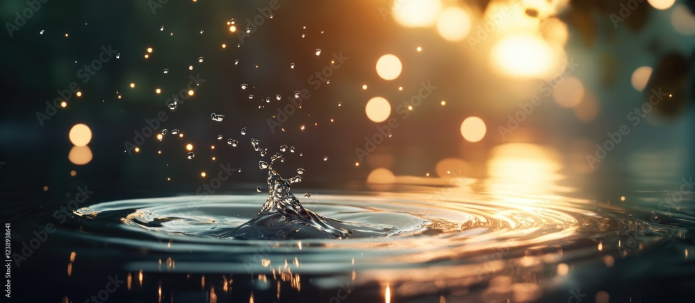 Poster water splash creating ripples with blurred natural bokeh background and warm sunlight reflections on