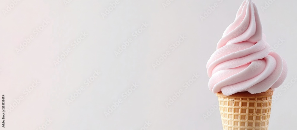 Poster pink soft serve ice cream in a cone on a light background with copy space for text placement.