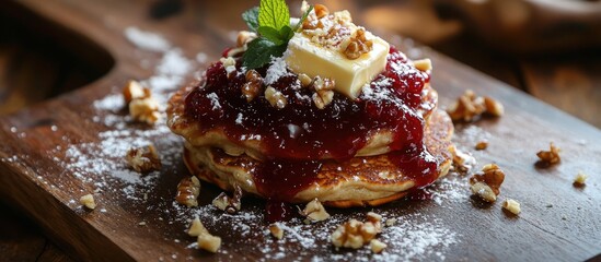 Close-up of pancakes topped with butter, jam, chopped nuts, and powdered sugar on a wooden serving board with mint garnish and copy space