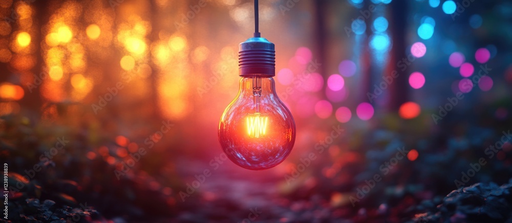 Poster illuminated vintage light bulb hanging in a colorful forest with blurred background and bokeh effect