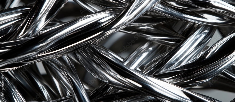 Poster close-up view of intertwined metallic wires with shiny reflective surfaces showcasing intricate patt