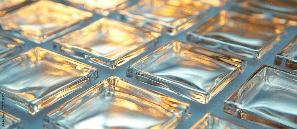 Poster glass tiles arranged in a pattern reflecting light creating a textured surface with warm tones and c