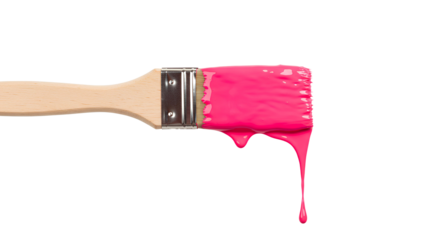 Paintbrush and pink paint splatter PNG. Paintbrush coated with pink paint splatters around it, perfect for art projects, creative designs, or wall painting advertisements. Pink paint on brush