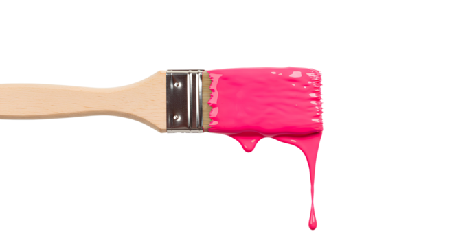 Paintbrush and pink paint splatter PNG. Paintbrush coated with pink paint splatters around it, perfect for art projects, creative designs, or wall painting advertisements. Pink paint on brush