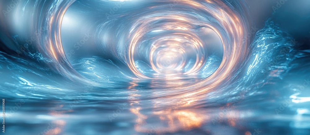 Poster abstract swirling water pattern with illuminated reflections in a tunnel-like structure, futuristic 