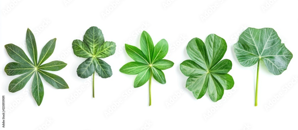 Poster variety of green leaves arranged in a line showcasing different shapes and textures on a white backg
