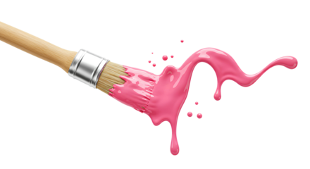 Paintbrush and pink paint splatter PNG. Paintbrush coated with pink paint splatters around it, perfect for art projects, creative designs, or wall painting advertisements. Pink paint on brush