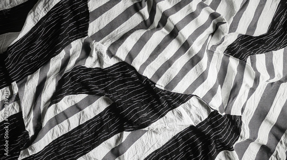 Poster abstract textile pattern with black and white striped design displayed on wrinkled fabric surface, s