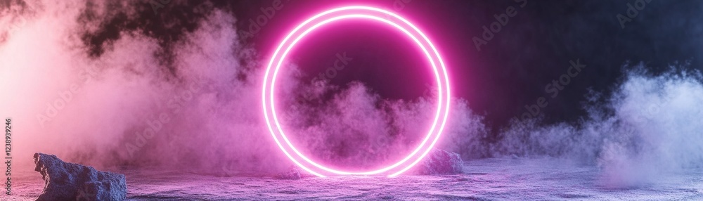 Poster a vibrant abstract background showcases a softly glowing pink neon light frame set against a dark gr