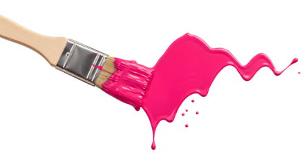 Paintbrush and pink paint splatter PNG. Paintbrush coated with pink paint splatters around it, perfect for art projects, creative designs, or wall painting advertisements. Pink paint on brush