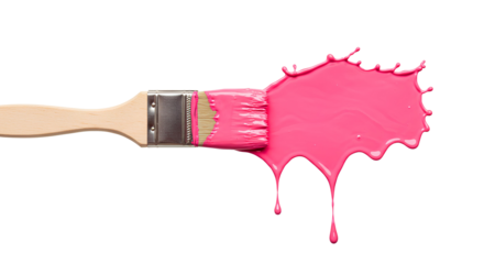 Paintbrush and pink paint splatter PNG. Paintbrush coated with pink paint splatters around it, perfect for art projects, creative designs, or wall painting advertisements. Pink paint on brush