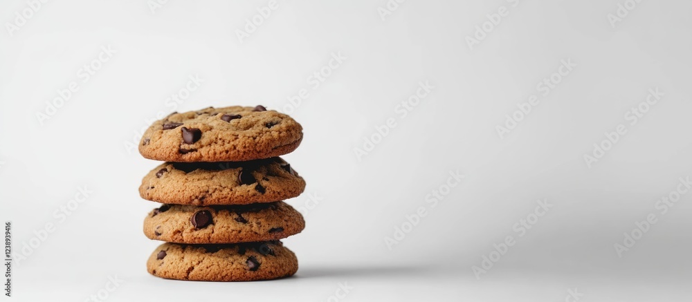 Poster stack of four chocolate chip cookies on a white background with ample copy space for text placement