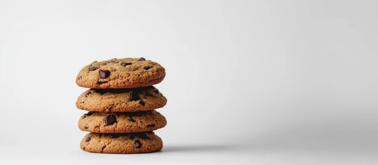 Stack of four chocolate chip cookies on a white background with ample copy space for text placement