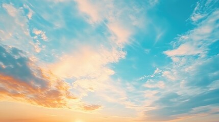 Obraz premium Colorful sunset sky with vibrant clouds and blue hues, suitable for use as background with copy space